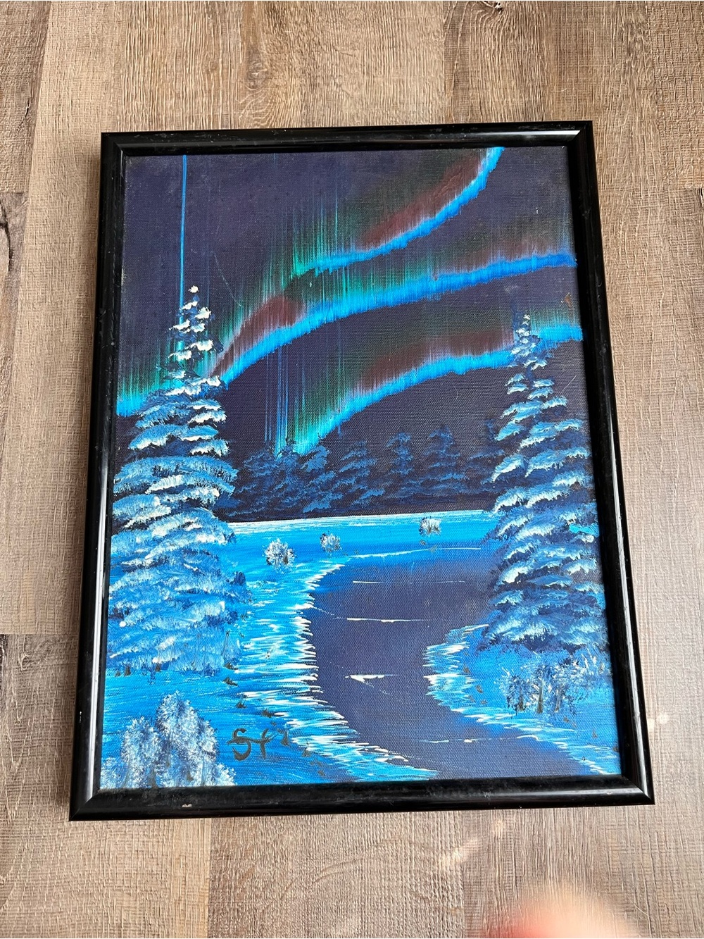 Original painting on canvas northern lights winter woods stream